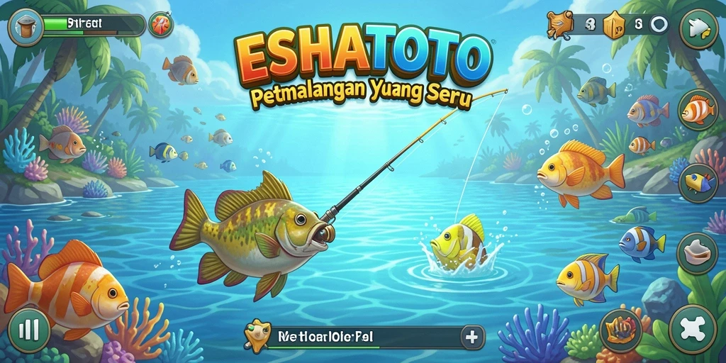 Screenshot ESHATOTO menunjukkan pemain menangkap ikan di danau yang indah.