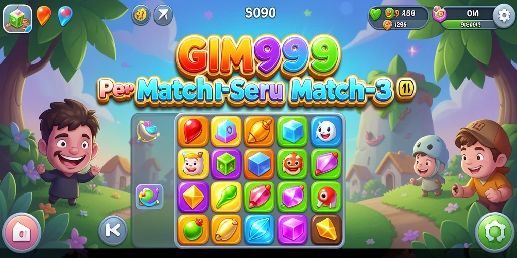 Tangkapan layar GIM999 menampilkan gameplay Match-3 yang seru dan berwarna-warni.