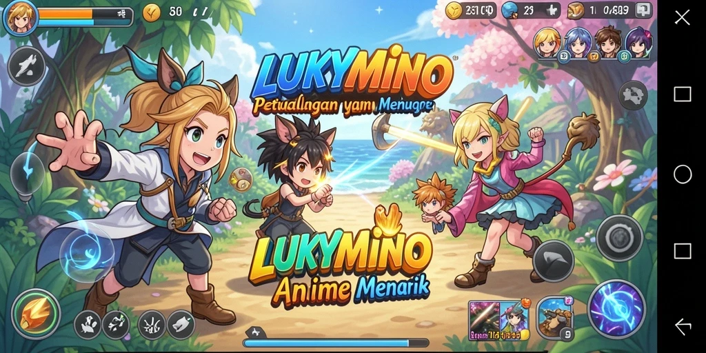 Screenshot gameplay LUKYMINO yang menampilkan aksi karakter anime.