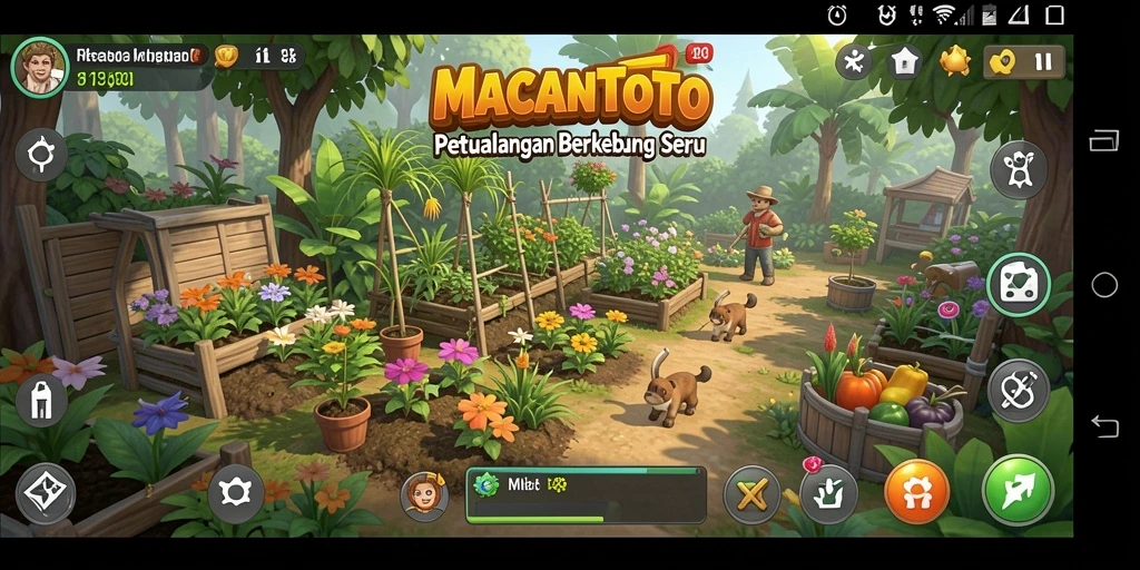 Tampilan gameplay MACANTOTO dengan aktivitas berkebun yang seru.