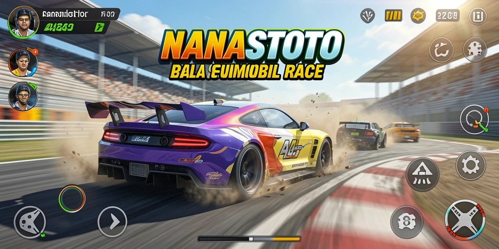 Screenshot NANASTOTO menampilkan aksi balapan mendebarkan dengan mobil yang melaju kencang.