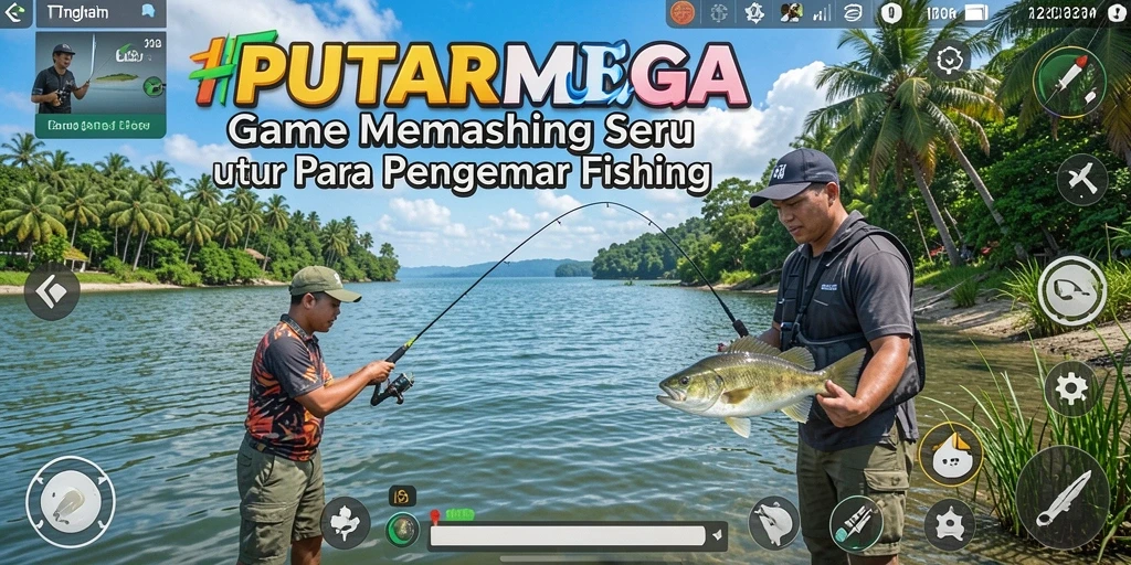 Tampilan gameplay PUTARMEGA yang menarik saat memancing di danau.