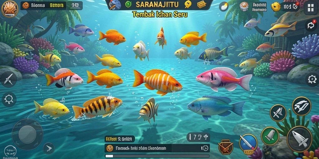 Tampilan action seru menembak ikan dalam game SARANAJITU.